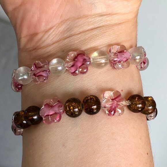 Handmade Glass Bracelets Round Flower Beads Blue Clear Pink Brown, 5.75 to 6.5'' - Picture 9 of 16
